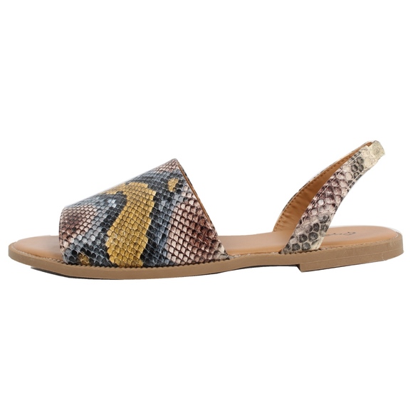 Tan Blue Snake Color Open Toe Flat  Slingback - Picture 5 of 7